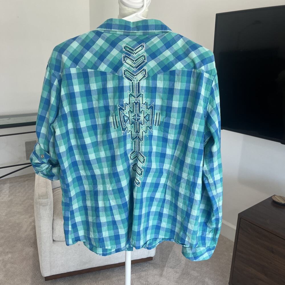 VTG Panhandle Women Snap Front Shirt Turquoise Aztec Beads Roll Tab Large - Picture 2 of 15